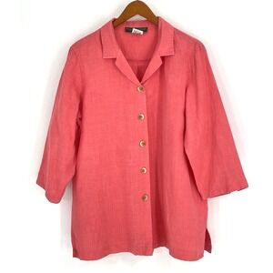 Harve Benard  Women L Shirt 100% Linen Orange 3/4 Sleeves Cotton Collared